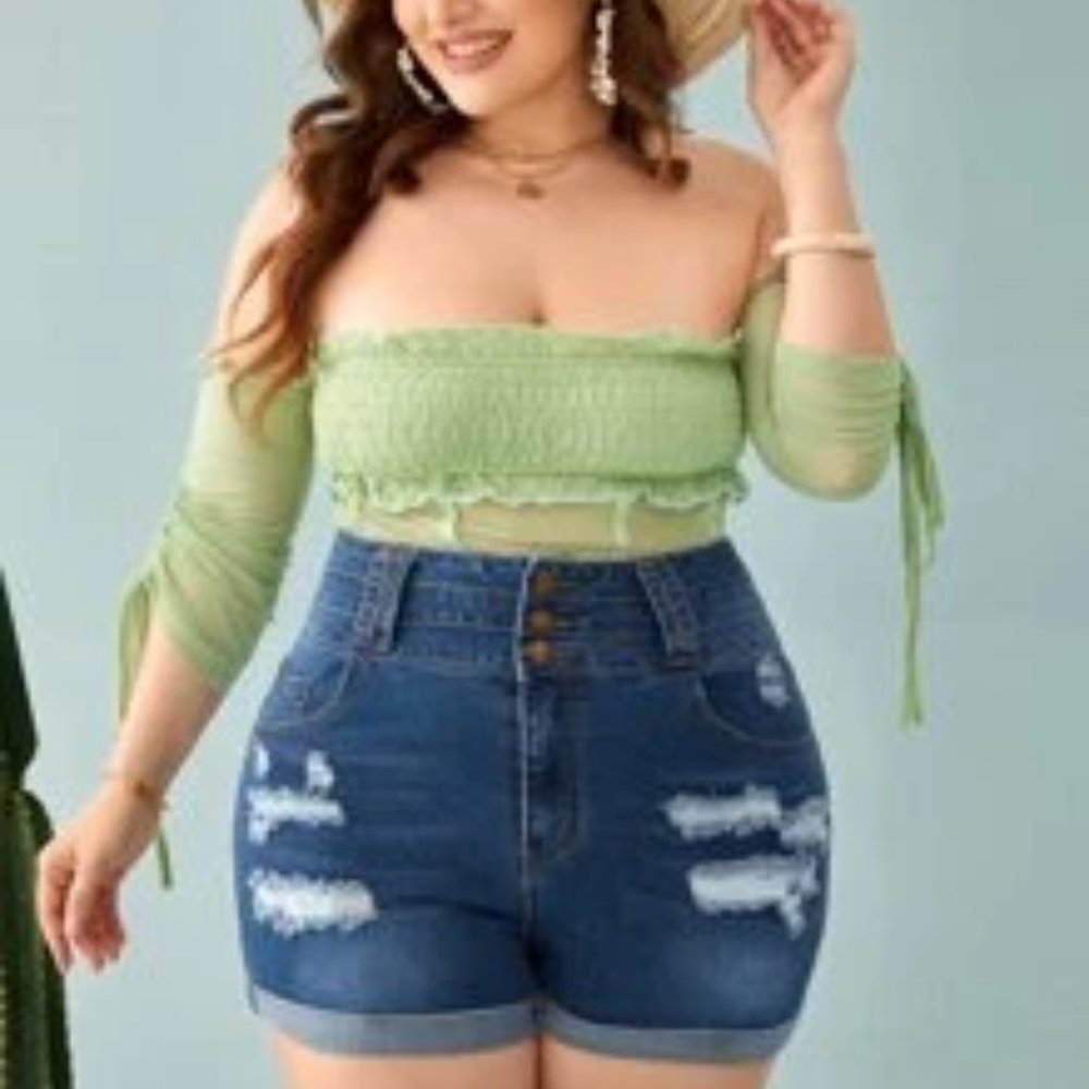 Plus Ripped Cuffed High Waist Denim Shorts